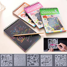 Load image into Gallery viewer, 12 Sheets Magic Color Rainbow Scratch Art Paper Card Set with Graffiti Stencil for Drawing Stick DIY Scratch Painting Toy Kids
