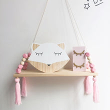 Load image into Gallery viewer, Nordic Nursery &amp; Kids Decor Tassels Storage Shelf Rack Wall Hanging Wood Toys Model Baby Kid Room Furnish Artic Home Decoration

